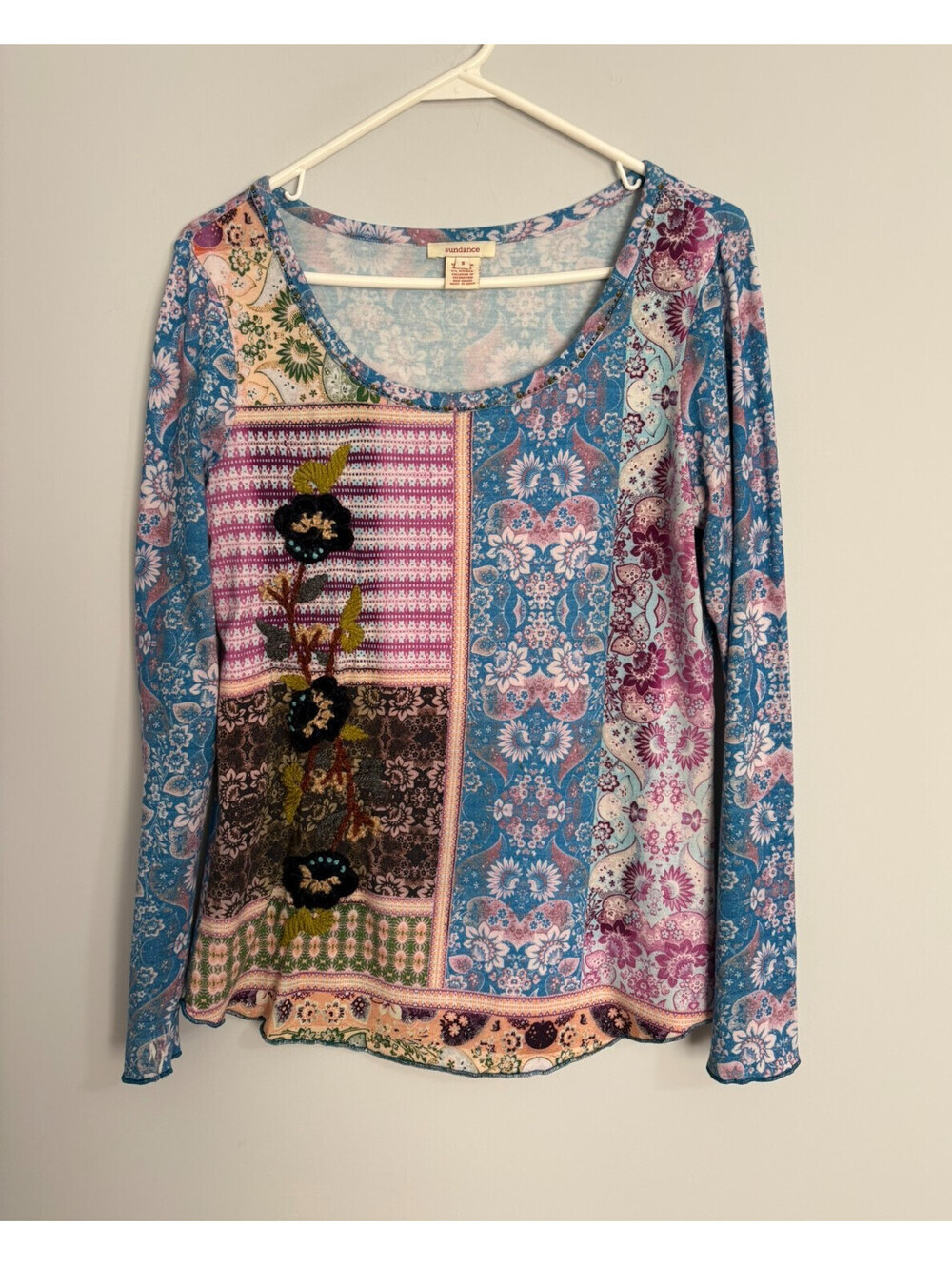Sundance Top Patchwork Long Sleeve Embroidered Floral Print Small Boho